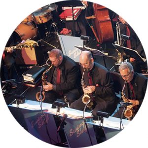 Large swing band playing at the Diamond Ball