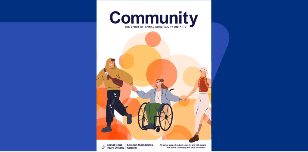 A colourful illustration of three friends, on who uses a wheelchair, linking arms.