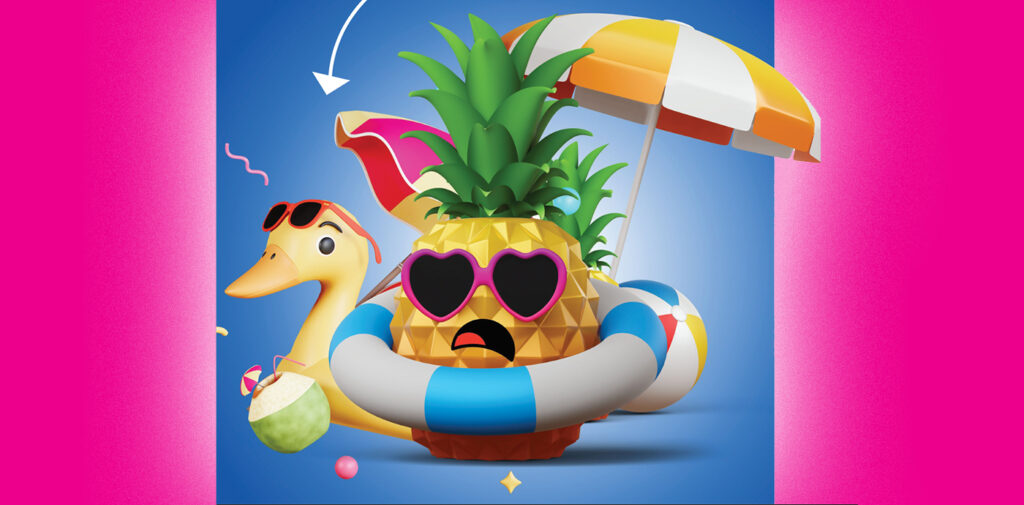 An animated pineapple wearing holiday gear and sunglasses with a scared face.